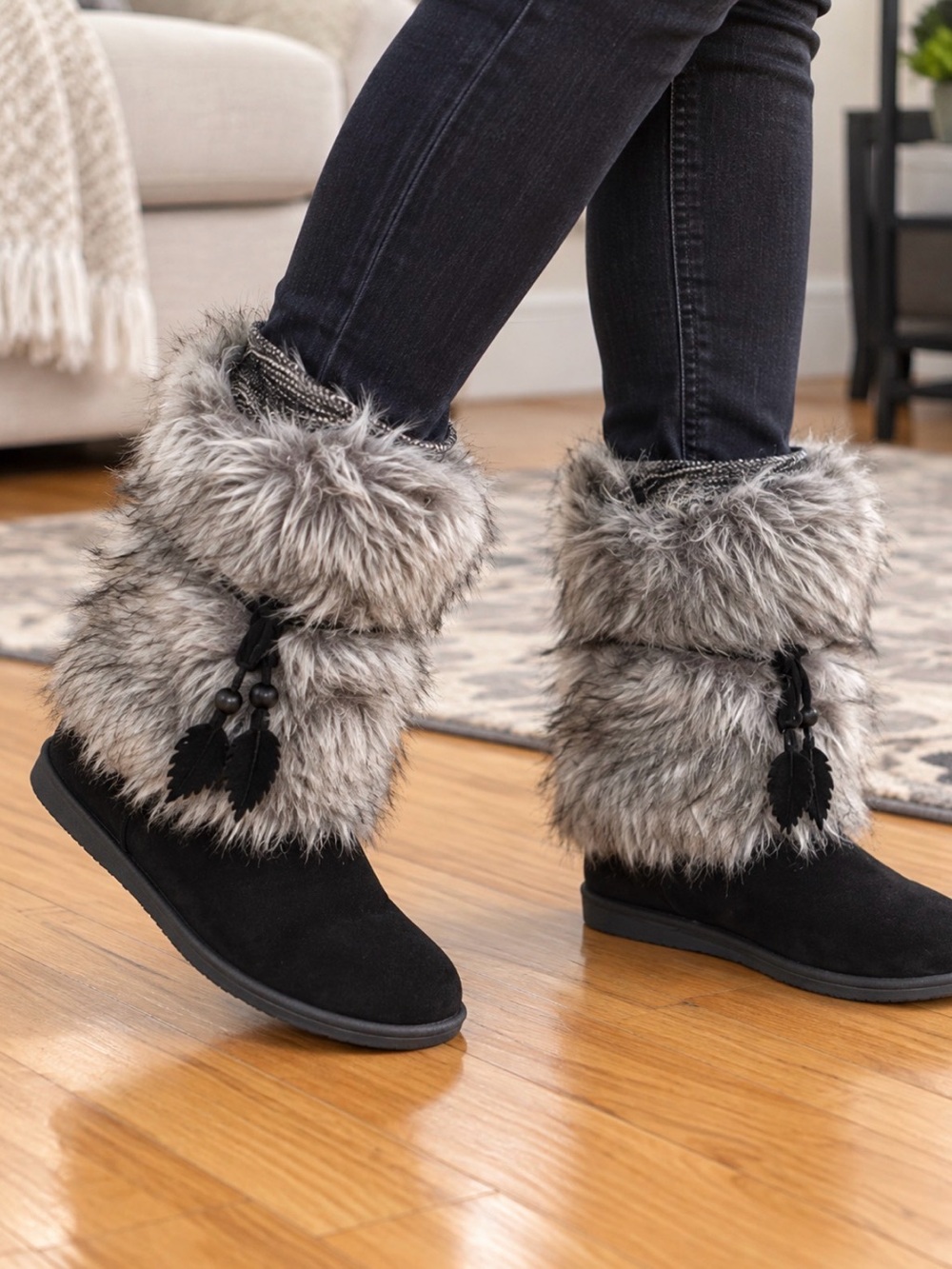Muk Luks Black Boots with Gray Faux Fur Cuffs and Tassel Accents